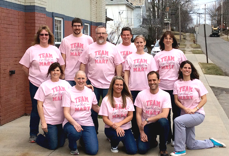 Mary surrounded by some of her friends all wearing a Team Pink personalized t-shirt. Photo taken the day before Mary's surgery in March. 