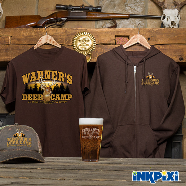 Deer Camp Personalized Shirts, Hats, pints, and more