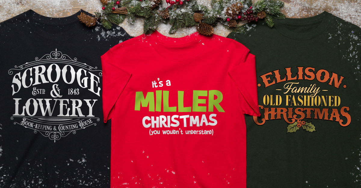 A Christmas t-shirt collage featuring our popular designs